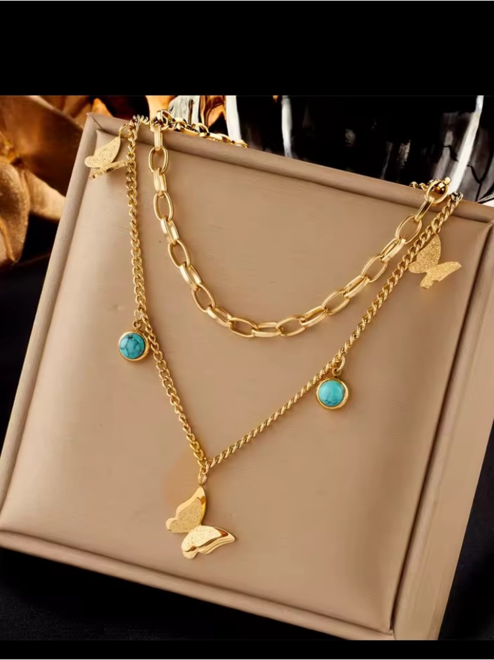 Gold Butterfly Layered Necklace with Turquoise Accents - Women Jewelry